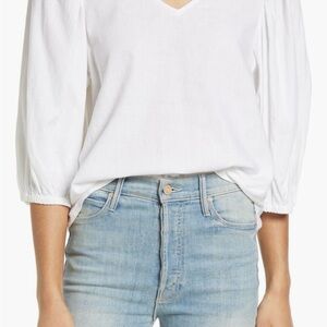 Caslon Nordstrom White Balloon Sleeve Linen Blend Blouse